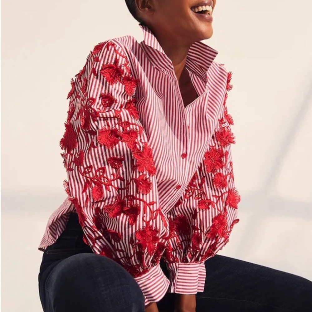 NWT Chico’s Red 3D Embroidered Poplin Stripe Shirt Button Up Blouse